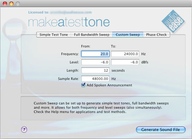 make a test tone - custom sweep